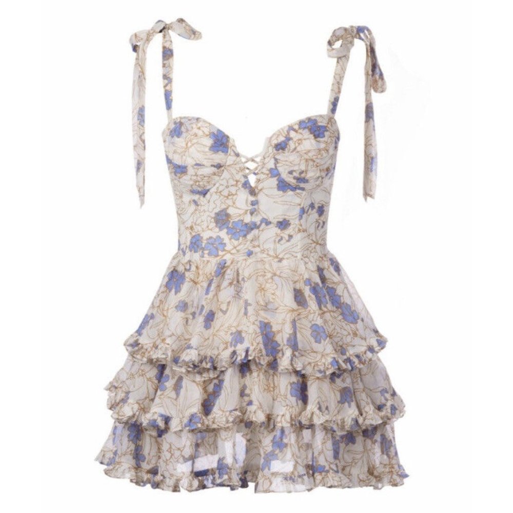 Adeirlina Dress Size M Floral Corset Style Ruffle Tiered Dress Blue White Tan